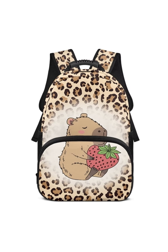 Capybara School Backpack for Girls Kids Bookbag for Elementary Middle School, Leopard Print Casual Back Packs Lightweight Bookbag Outdoor Daypack