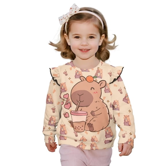 Yuyamidu Capybara Sweatshirt for Girls Size 5-6 Long Sleeve Ruffle Shoulder Tops Y2K Cute Animal Graphic Sweatshirts Lightweight Comfy Playwear for School Outdoor Play