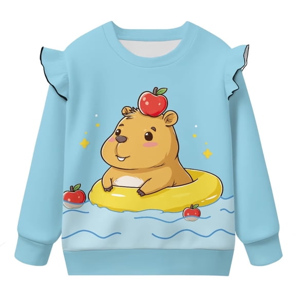 Yuyamidu Capybara Sweatshirt for Girls Size 7-8 Blue Y2K Graphic Crewneck Sweatshirts Soft Lightweight Ruffle Long Sleeve Top Casual Fall Outfits Playwear