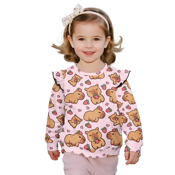 Yuyamidu Capybara Sweatshirt for Girls Size 7-8 Long Sleeve Ruffle Shoulder Crewneck Sweatshirts Pullover Tops Lightweight Soft Everyday Clothes for Fall Winter