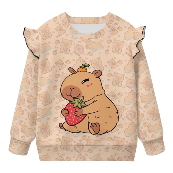 Yuyamidu Capybara Sweatshirt Kids Girls Brown Crewneck Ruffle Long Sleeve Tops Cute Graphic Pullover Sweatshirts Casual Fall Outfits Lightweight Soft Workout Clothes 1T 2T
