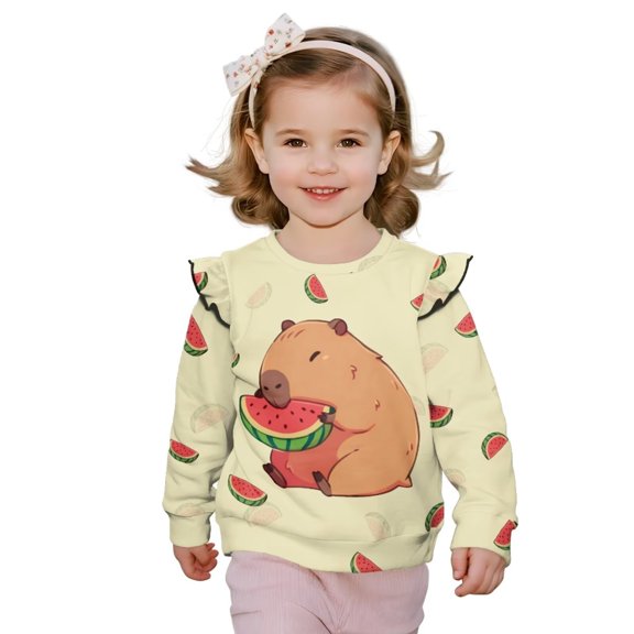 Yuyamidu Capybara Sweatshirt for Toddler Girls 3T-4T Cute Graphic Crewneck Sweatshirts Y2K Long Sleeve Ruffle Shoulder Tops Lightweight Comfy Workout Pullover School Outdoor Play Clothes
