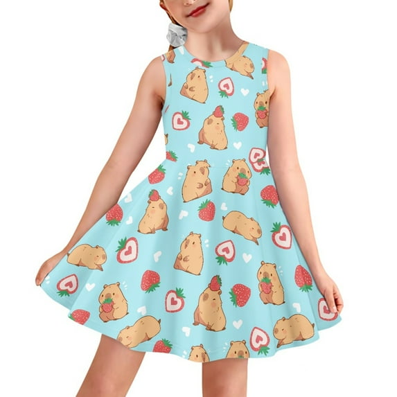 Yuyamidu Capybara Tank Sundress Strawberry Round Neck Skater Dress for Girls 11-12Y Summer/Spring Teens Sleeveless Princess Dresses Casual Midi Dress, Blue