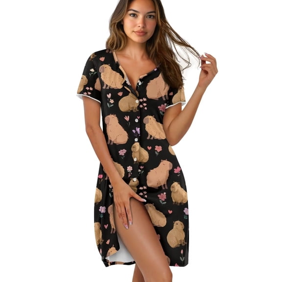 Yuyamidu Capybara Women's Nightgown Short Sleeve House Dress Floral Print Nightshirt Button Down Housecoat Casual Soft Sleep Dress, Black