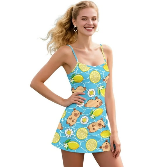 Yuyamidu Capybara Womens Tennis Dress Built in Shorts with Pockets 2 Piece Sets Lemon Athletic Golf Dresses Comfy Active Workout Dress Size L