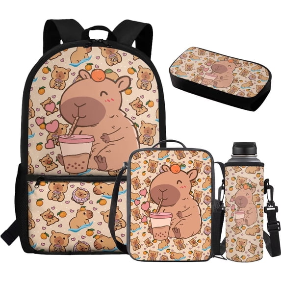 Yuyamidu Cartoon Capybara Kids Backpack Set 4 Pieces 17 Inch with Lunch Bag Pencil Case and Water Bottle Holder Large Capacity School Bag for Travel and Daily Use