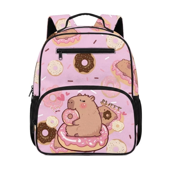 Yuyamidu Cartoon Capybara Preschool Backpack for Boys Girls, 13.5 Inch Kids School Bag with Padded Shoulder Straps and Multi-Pocket Design for Daycare and Kindergarten