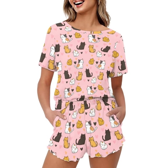 Yuyamidu Cartoon Cats Womens 2Pcs Pajama Sets Short Sleeve Lounge Sets Sleepwear Soft Pjs with Pockets Casual Crewneck Loungewear, Pink