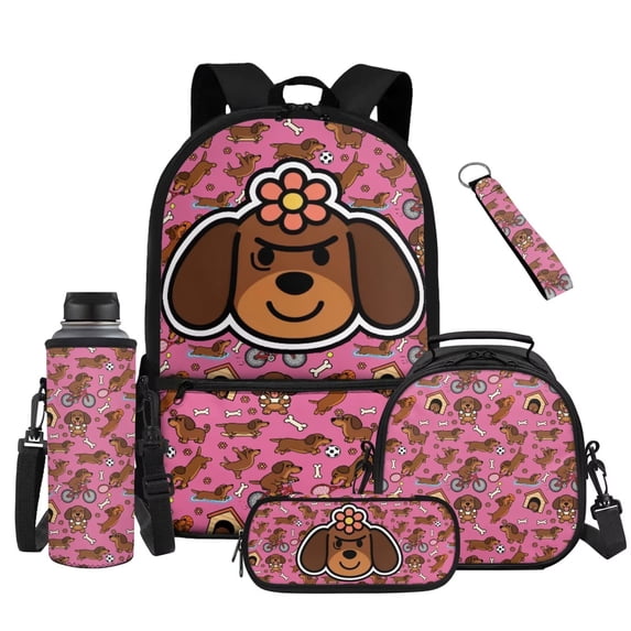 Yuyamidu Cartoon Dachshund Backpack for Girls 6-8, 1st-3rd Grade, 5-Piece Set with Lunch Box, Pencil Case, Water Bottle Pouch & Keychain, Kawaii Bookbag for Kids Lightweight Sturdy Daypack