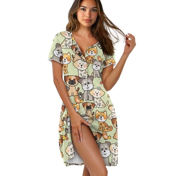 Yuyamidu Cartoon Dog & Cat Nightgowns for Women Cute Pajama Dress Button Down Ladies Nightdress Sleepwear Short Sleeve Loose Pajama Dress