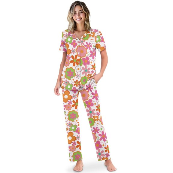 Yuyamidu Cartoon Flower Women's Comfy Pajama Set 2-Piece Lightweight Short Sleeve PJs Button Up Top with Matching Long Pant