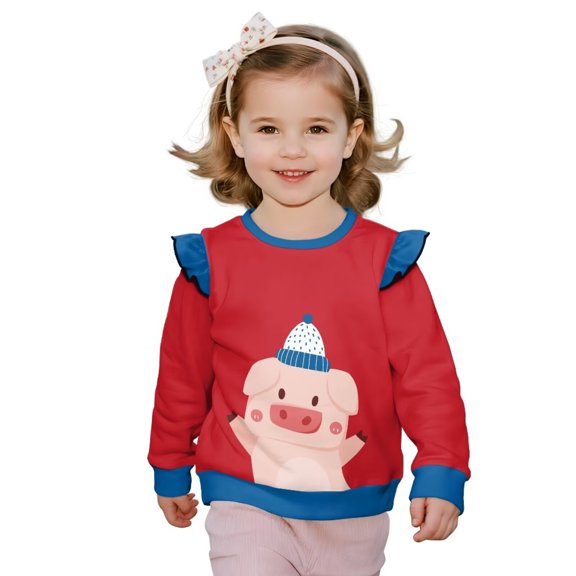 Yuyamidu Cartoon Pig Sweatshirt Toddler Girl 2T 3T Red Long Sleeve Ruffle Shoulder Crewneck Pullover Tops Cute Animal Graphic Sweatshirts Lightweight Soft Playwear for School Outdoor