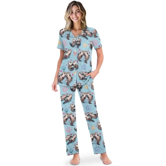 Yuyamidu Cartoon Sea Otter Pajamas Set Womens Button Down Short Sleeve Lounge Sets Notch Collar Tops with Long Pants 2 Piece