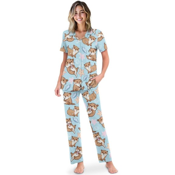 Yuyamidu Cartoon Sea Otter Women's Cotton Pajama Set Button-Up Shirt and Long Pants Sleepwear Loose Casual Loungewear Set