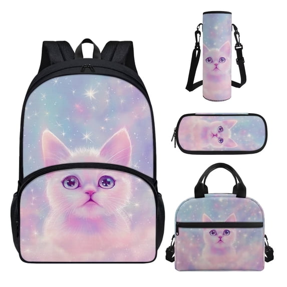 Yuyamidu Cat Backpack with Lunch Bag 17 Inch Book Bag for Girls 6-8 Thermal Lunch Box Cute Pen Holder Water Bottle Carrier 4 Piece Middle School Bags Set for Kids 2nd Grade Student Bookbag