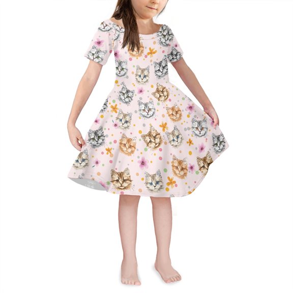 Yuyamidu Cat Basic Skater Dress for Kids Girls 5-6 Years Old Flower A-Line Swing Flared Casual Party Dress Novelty Knee Length Sundress Cute Midi Length Dress, Pink