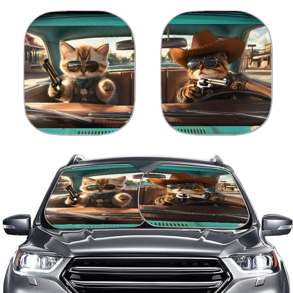 Yuyamidu Cat Car Sun Shade Windshield Cool Windshield Cover for Most Truck SUV Van Non Slip Auto Heatshield Visor Blocks UV Rays Foldable Auto Sunshade Set of 2