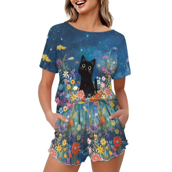 Yuyamidu Cat Flower Women's 2 Piece Lounge Sets Short Sleeve Soft Loungewear Crew Neck Top and Shorts Casual Pajams Outfits