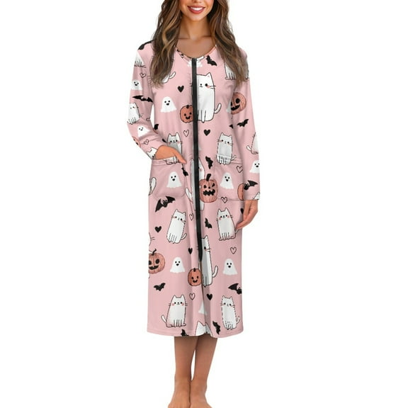 Yuyamidu Cat Long Sleeve Bathrobe for Women Size 4XL Pink Round Neck Zipper Front Robe Pumpkin Bath Spa Robes Lightweight Mid-Calf Length Bath Gown Womens Dressing Gown, Halloween