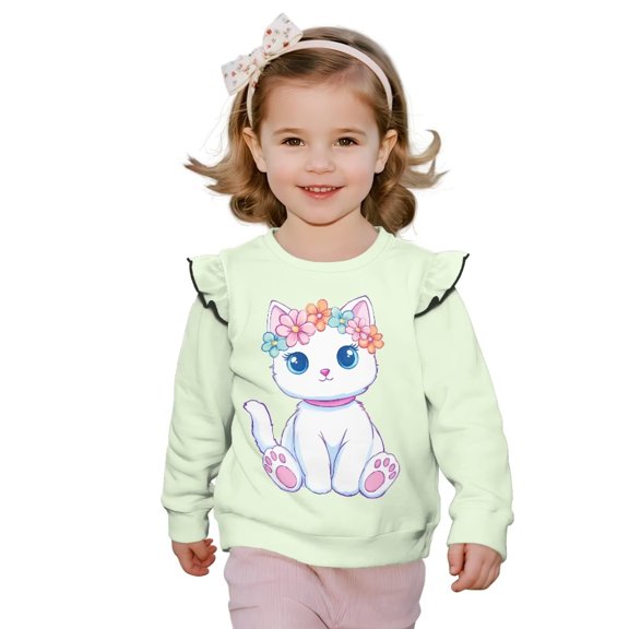 Yuyamidu Cat Sweatshirt for Girls 4T 5T Light Green Cute Graphic Crewneck Sweatshirts Soft Lightweight Long Sleeve Ruffle Shoulder Pullover Tops for School Outdoor Play
