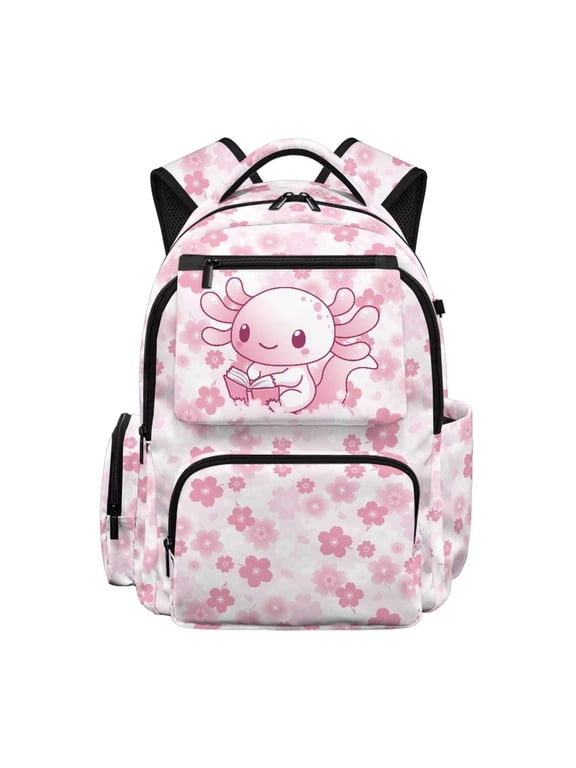 Cherry Blossom Axolotl Backpack for 2nd-3rd Grade Girls Ages 6-8 Cute Kids School Bag Lightweight Waterproof Multi Pocket Bookbag with Padded Adjustable Straps Back to School Gifts