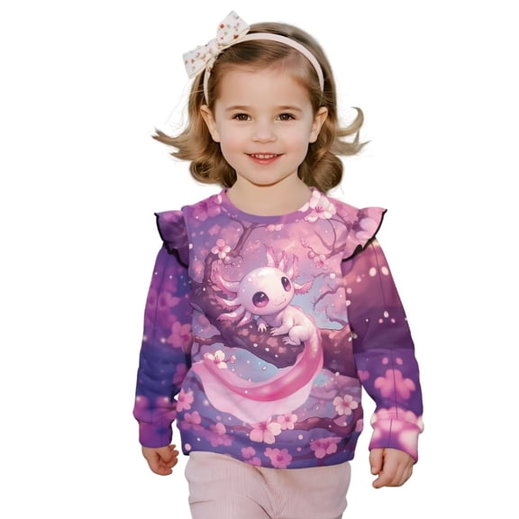 Yuyamidu Cherry Blossom Axolotl Sweatshirt for Toddler Girls 2T 3T Purple Ruffle Long Sleeve Top Y2K Graphic Crewneck Sweatshirts Soft Lightweight Workout Pullover Everyday Clothes