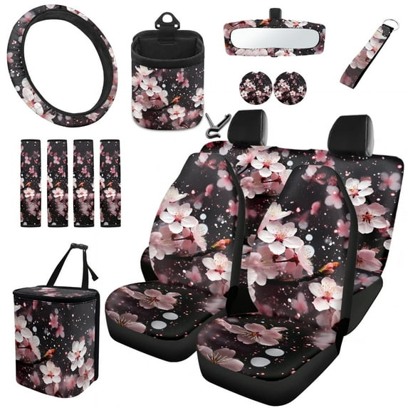 Yuyamidu Cherry Blossom Car Seat Cover Set 15 Pieces Pink Steering Wheel Cover Seat Belt Strap Pads Garbage Organizer Air Vent Bag Rearview Mirror Cover Coasters Hand Wrist Lanyard Keyring