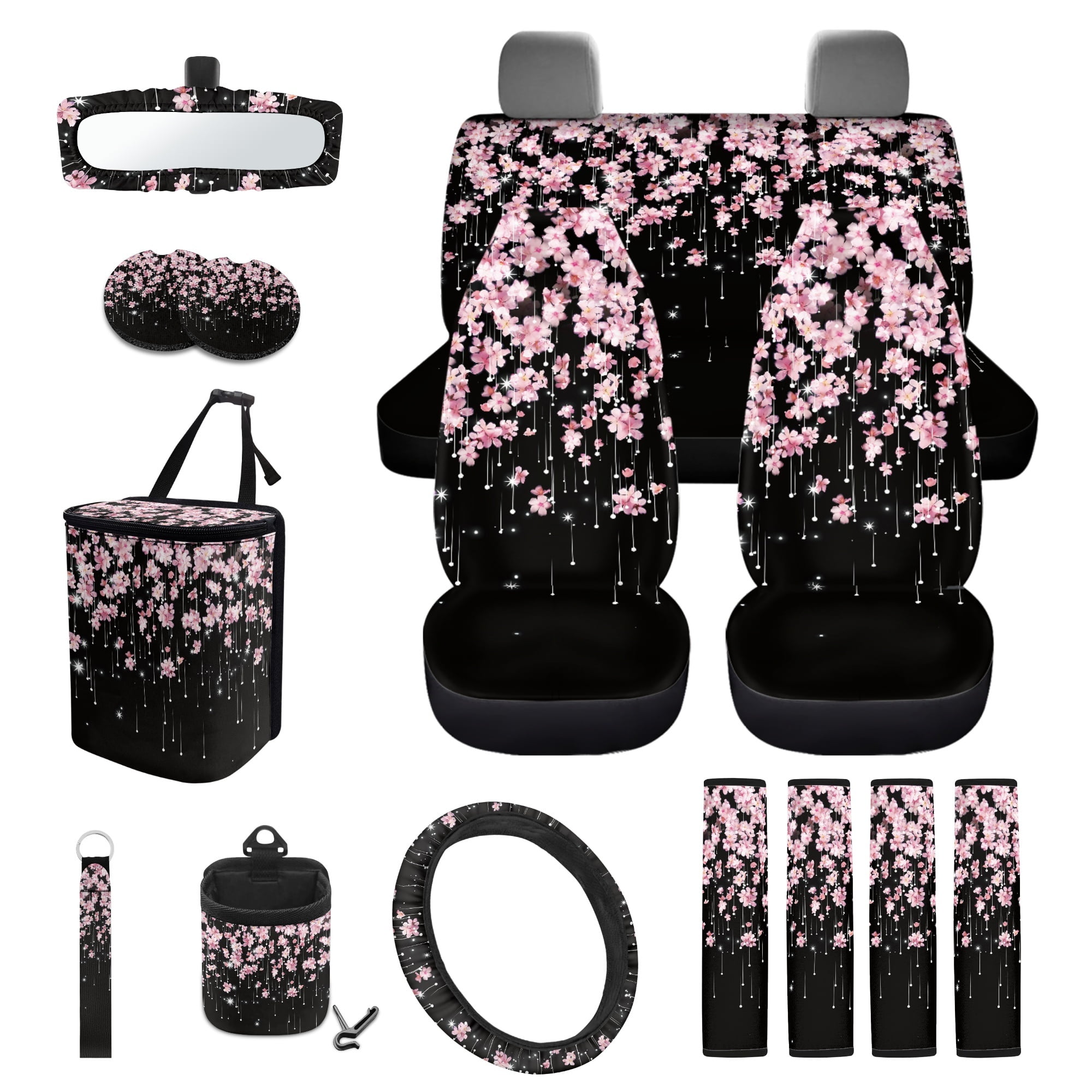 Yuyamidu Cherry Blossom Car Seat Cover Set of 15 Pink Steering Wheel Cover Seat Belt Strap Cover Trash Cans Rear View Mirror Cover Cup Coaster Keychain Air Vent Storage Bag Universal Fit
