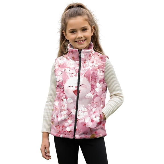 Yuyamidu Cherry Blossom Cat Vest for Toddler Girls 2T Zip Up Fuzzy Fleece Vest with Pockets Fall Winter Warm Outerwear Warm Sleeveless Jacket for Outdoor Play