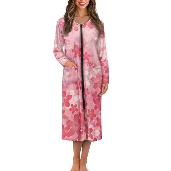 Yuyamidu Cherry Blossom Long Sleeve Bathrobe for Women Ladies Zipper Up Housecoat Zip Front Robe Loose Sleepwear Long Spa Robes Size 4XL Pink Mid-Calf Length Nightgowns