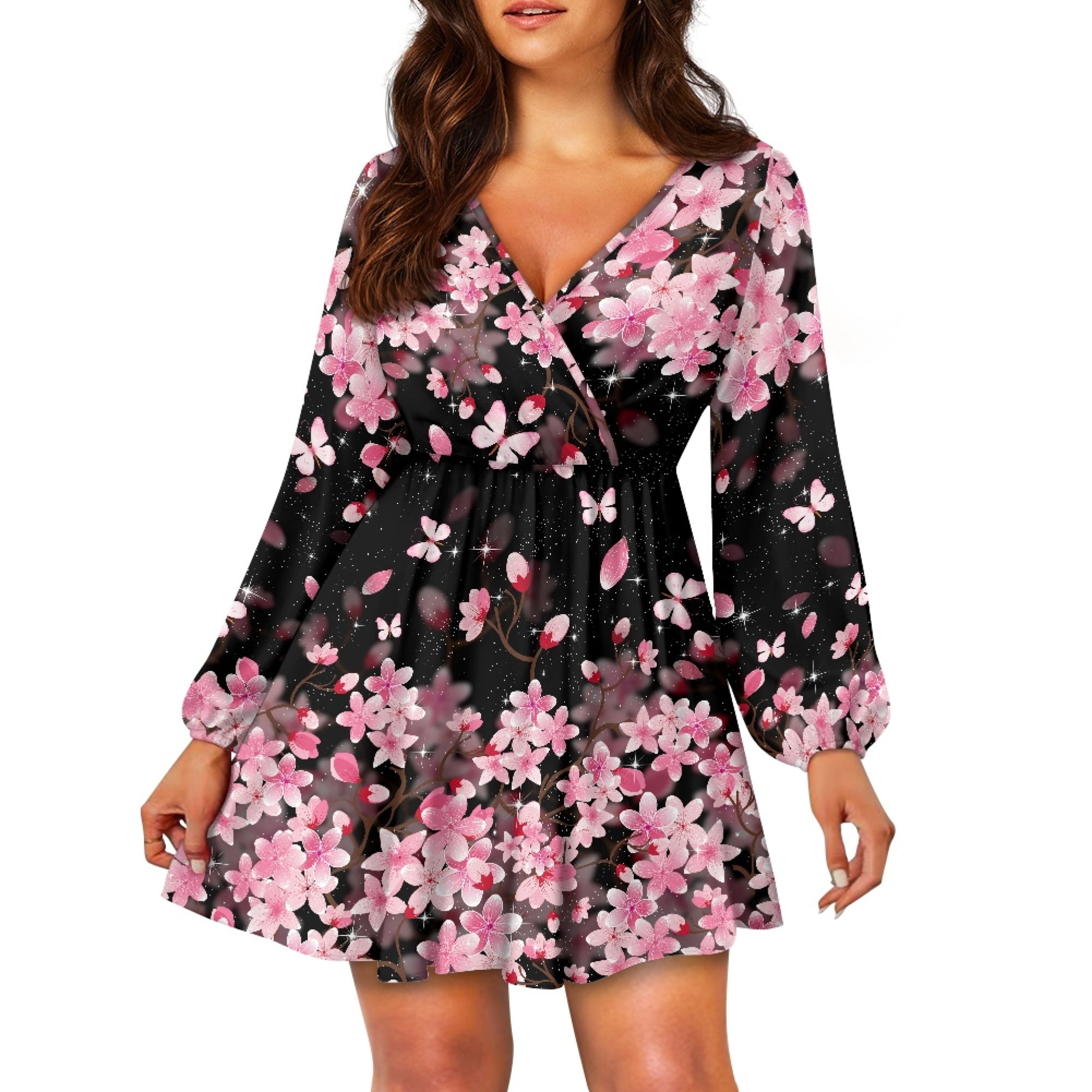 Yuyamidu Cherry Blossom Long Sleeve Dress Size M Fashion Women Knee Length Pleated Midi Dress A-Line Casual Dress Pink Fall Winter Outdoor Dress for Teen Gilrs