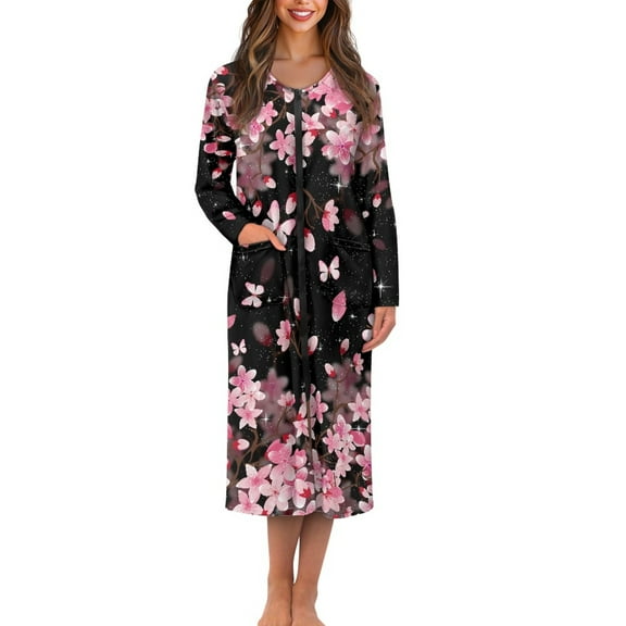 Yuyamidu Cherry Blossom Long Sleeve Robes for Women Pink Butterfly Round Neck Loungewear Casual Bathrobe Sleepwear Trendy Mid-Length Night Robe Size 2XL Soft Zipper Front Housecoat