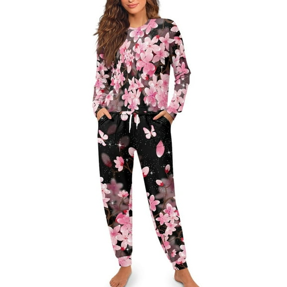 Yuyamidu Cherry Blossom Nightwear for Women Pajama Set Casual Round Neck Sleep Tops with Long Sweatpants 2 Pieces Cozy Long Sleeve Sleep Wear Size M, Pink
