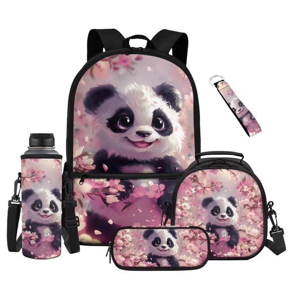 Yuyamidu Cherry Blossom Panda Backpack for Girls with Lunch Box Water Bottle Holder Pencil Case Keychain 5 Piece Bookbag Set for Elementary School Kids Age 8-10 2nd-4th Grade Back to School Supplies