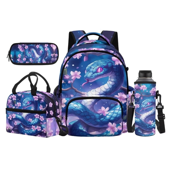 Yuyamidu Cherry Blossom Snake Kids Bookbag Set 4Pcs for 3rd-5th Grade Girls, Elementary School Backpack with Lunch Bag, Pencil Case and Water Bottle Bag