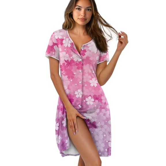 Yuyamidu Cherry Blossom Women's Pajama Dress Eleghant Button Down Nightgowns Short Sleeve Sleepshirt Round Neck Soft Lounge Dress, Pink