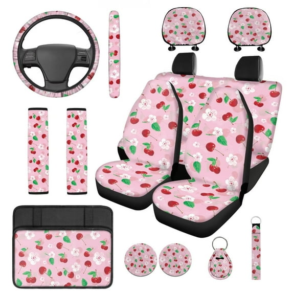 Yuyamidu Cherry Car Seat Cover Cherry Blossom Steering Wheel Cover Seatbelt Pads Pink Auto Armrest Cover Headrest Covers Key Chain Coasters 14pcs Car Accessories Set