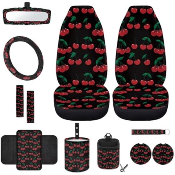 Yuyamidu Cherry Car Seat Cover Front Seat Protector 12 PCS Set Cute Steering Wheel Cover Seat Belt Pad Armrest Covers Garbage Bag Air Vent Bag Rearview Mirror Cover Coasters Key Chain Universal Fit