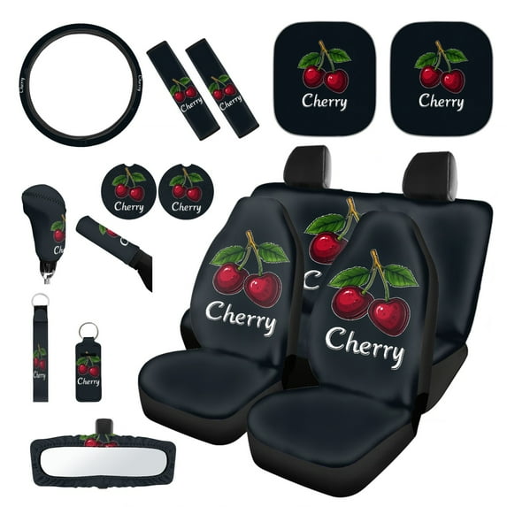 Yuyamidu Cherry Car Seat Cover Full Set with Car Sun Shade Steering Wheel Cover Seat Belt Strap Cover Handbrake Cover Set Cup Coaster Keychain Wristlet Strap for Women, 16 PCS