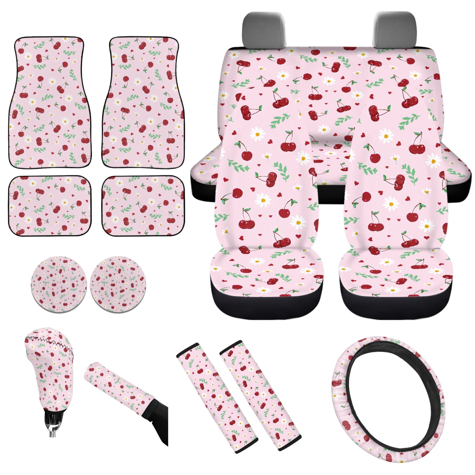 Yuyamidu Cherry Car Seat Cover Set of 15 Daisy Front Back Seat Cover with Car Floor Mats Pink Steering Wheel Cover Seat Belt Pad Handbrake Cover Set Coasters