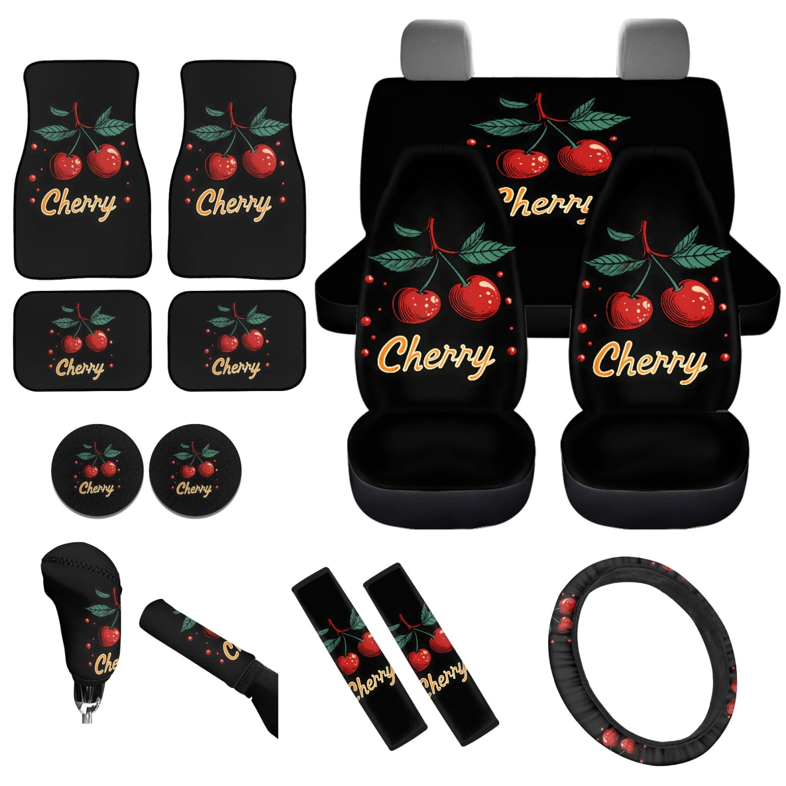 Yuyamidu Cherry Car Seat Cover with Carpet Mats Cute Steering Wheel Cover Seat Belt Strap Pad Handbrake Gear Shift Knob Cover Coasters 15 PCS