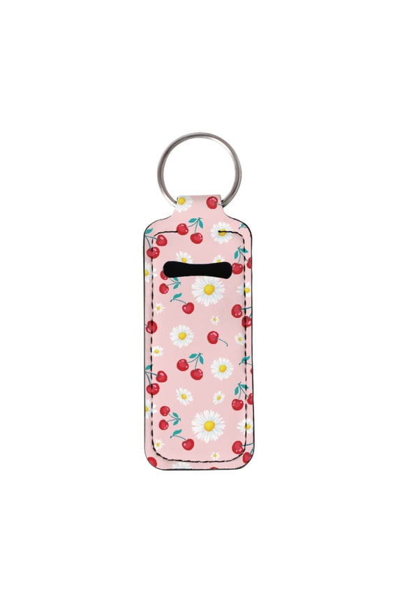 Cherry Chapstick Holder Keychain for Women Daisy Sleeve Pouch Portable Lip Balm Holders Pouch Elastic Lipstick Key Chain Holder with Ring, Pink