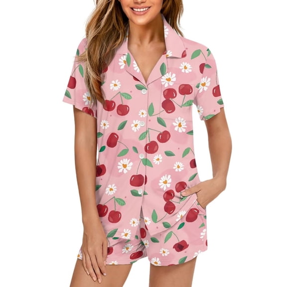 Yuyamidu Cherry Daisy Print Button up Pajamas for Women Short Sleeve Sleepwear Soft Comfortable Loungewear Ladies Pjs Set V Neck Shirt and Short Length Bottom Night Suit Size XXL