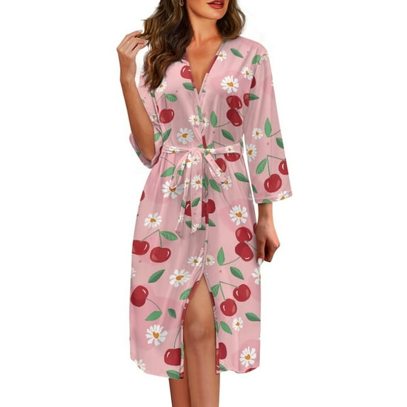 Yuyamidu Cherry Robes for Women Daisy Robe for Girls Bathrobe Pink Long Sleeve Nightgown Sleepwear Soft Loungewear Loose Fit 3/4 Sleeves V-Neck Sleep Dress Size S