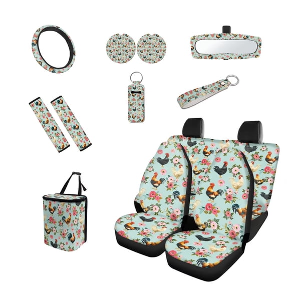 Yuyamidu Chicken Car Seat Covers Full Set of 13 with Car Steering Wheel Cover Seat Belt Pads Car Trash Can Auto Rear View Mirror Cover Car Coasters Chapstick Holder Keychain for Truck SUV, Green