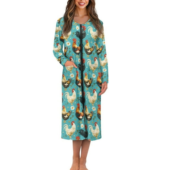 Yuyamidu Chicken Long Bath Robe Loose Robes Nightgowns for Women Size 2XL Cock Long Sleeve Zippered Bathrobes Ladies Pajama House Coat Casual Louge Wear Robe, Blue