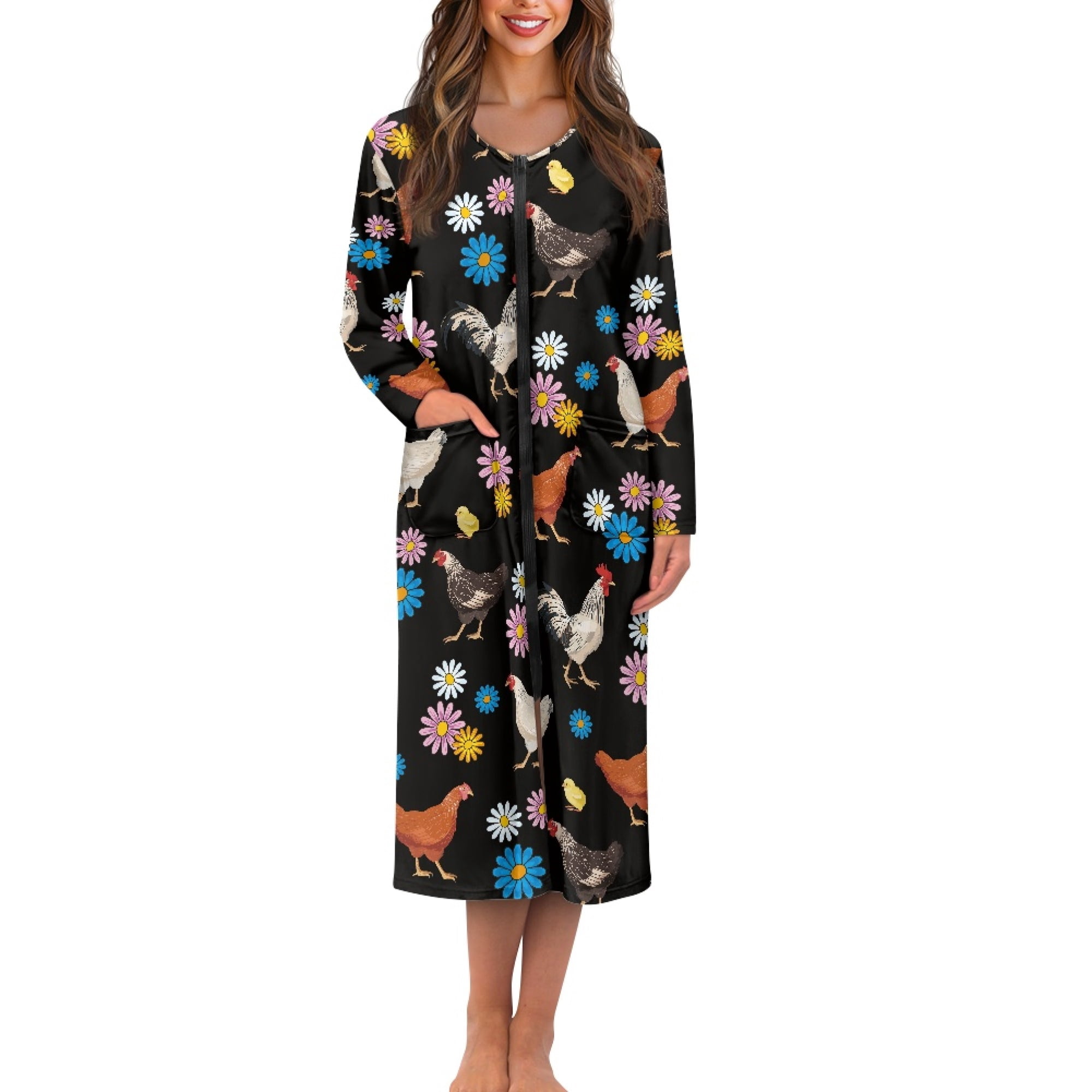Yuyamidu Chicken Long Bathrobe for Women Hippie Flower Zipper Front ...