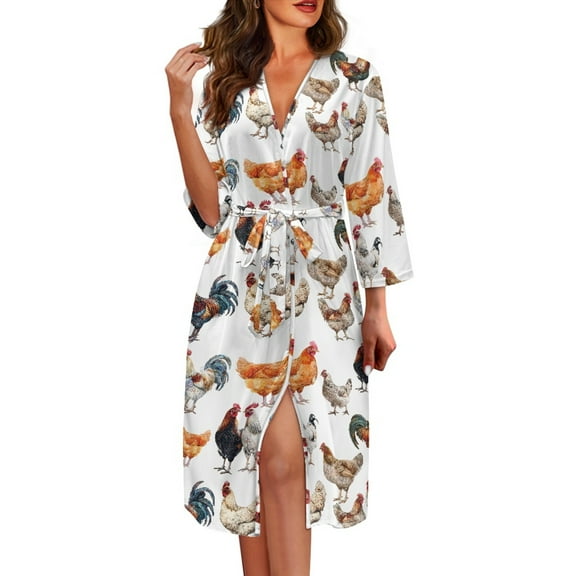 Yuyamidu Chicken Long Bathrobe for Women Soft Robe Sleepwear Trendy V-Neck Spa Robes Size M Sexy Mid-Length Kimono Robes Polyester 3/4 Sleeves Loungewear Dress