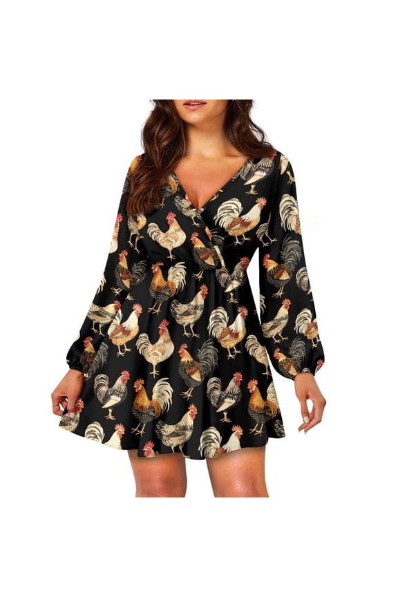 Chicken Long Sleeve Dress for Fall Winter Spring Ladies Dance Beach Party Dresses Midi Flared Dresses Girls A-Line Dress Self Cultivation Dresses Size M