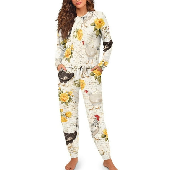 Yuyamidu Chicken Long Sleeve Pajamas for Women Set of 2 Yellow Rose Crewneck Nightwear Pullover Tops and Pants Loose Fit Sleepwear Size S Soft Fall Winter Pj Sets